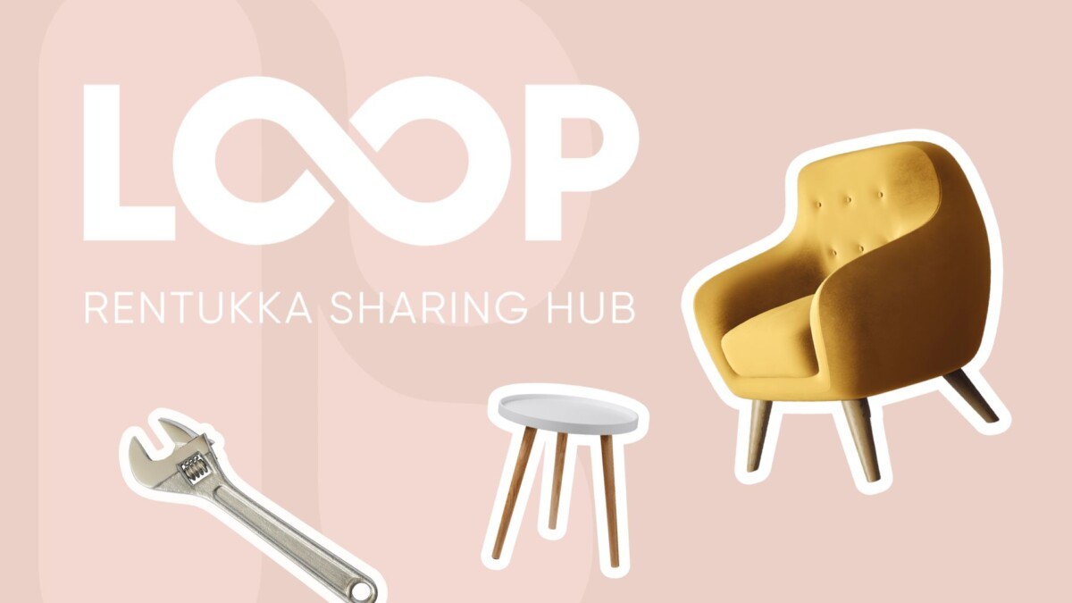 Vaaleanpunaisella pohjalla lukee LOOP - Rentukka sharing hub sekä kuva jakoavaimesta, sohvapöydästä ja nojatuolista.